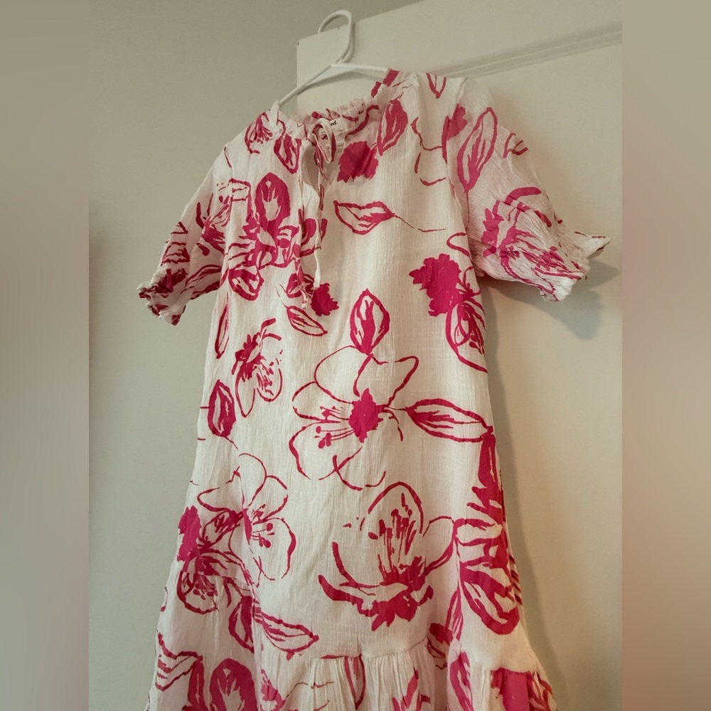 Kindred White Pink Floral Shift Dress Ruffle Neck Short Sleeve Drop Waist🩷 - Picture 11 of 12
